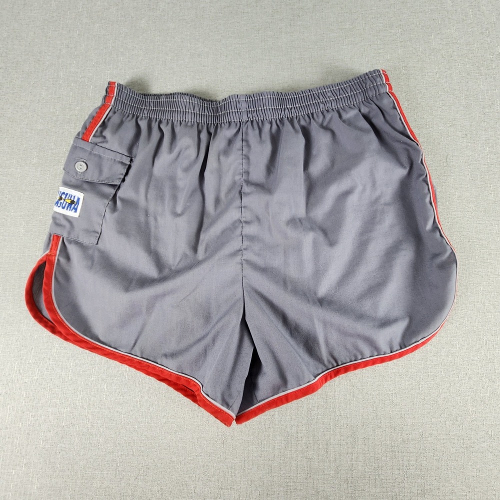 Vintage Laguna Swim Trunks Shorts 33W/3L Gray Red Dolphin Hem 70s 80s Cali Surf
